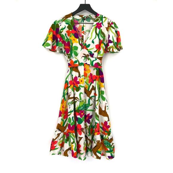 HANDMADE Tie Waist Antelope Mini Dress White Green S - Picture 1 of 13